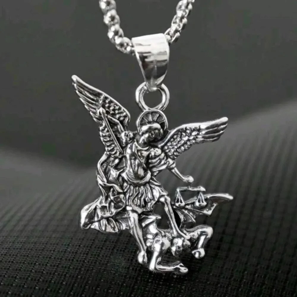 925 Silver Plated Archangel St. Michael Necklace Christmas Birthday Vtg Gift NEW